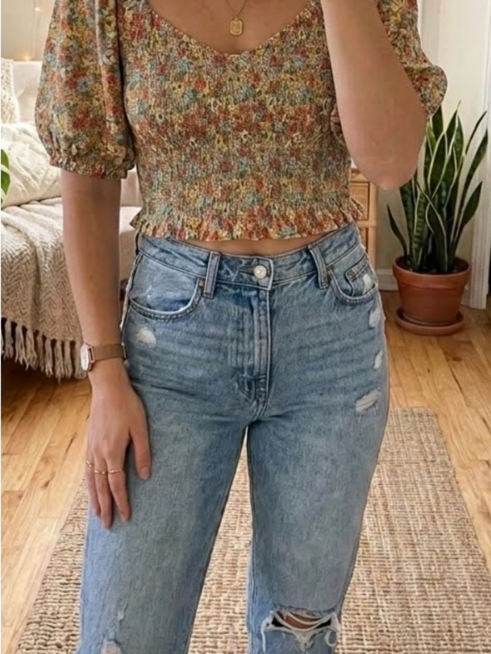 Smocked Floral Crop Top in Multi-Color